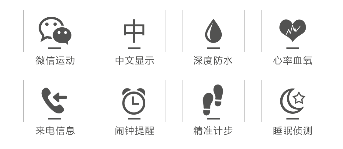 微信运动、中文显示、深度防水、心率血氧、来电信息、闹钟提醒、精准计步、睡眠侦测