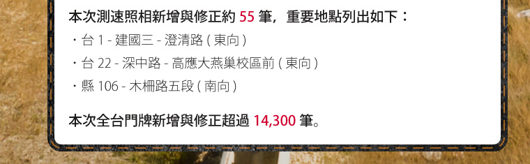 本次測速照相新增與修正約 55 筆。本次全台門牌新增與修正超過 14,300 筆。