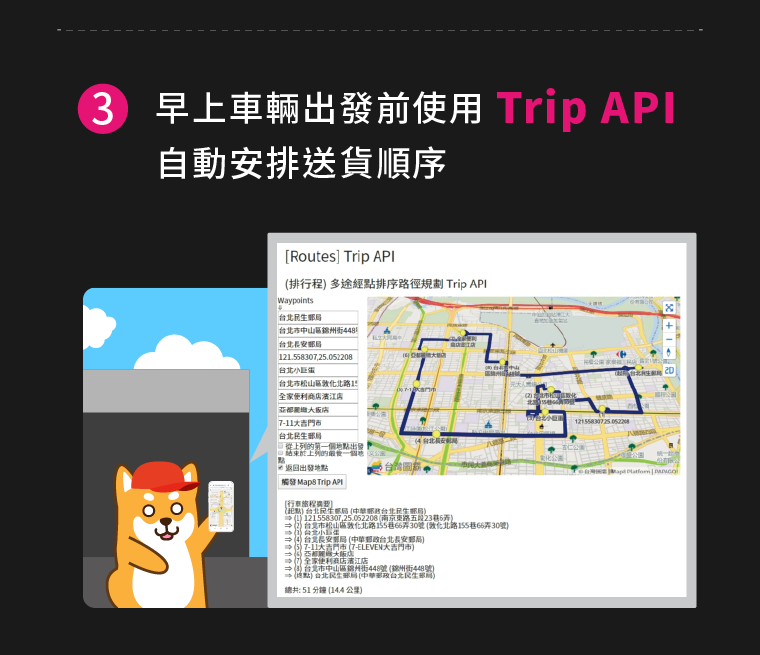 (3)早上車輛出發前使用Trip API自動安排送貨順序