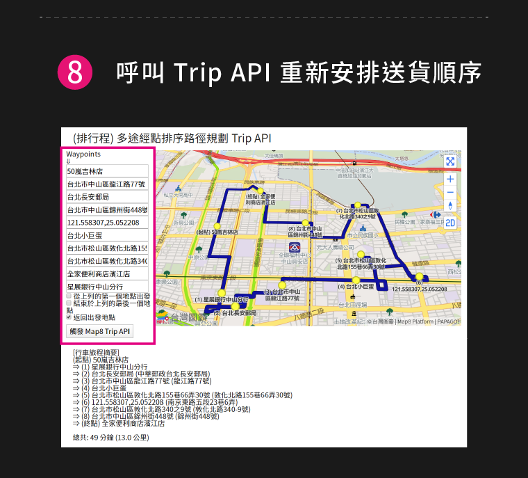 (8)呼叫Trip API重新安排送貨順序